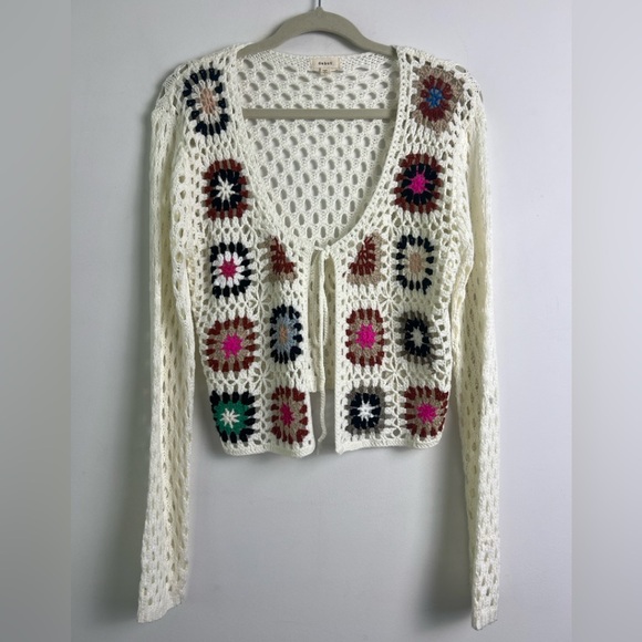 debut Sweaters - Debut Large Cream Crochet Knit Colorful Patchwork Open Sweater Bohemian Prairie